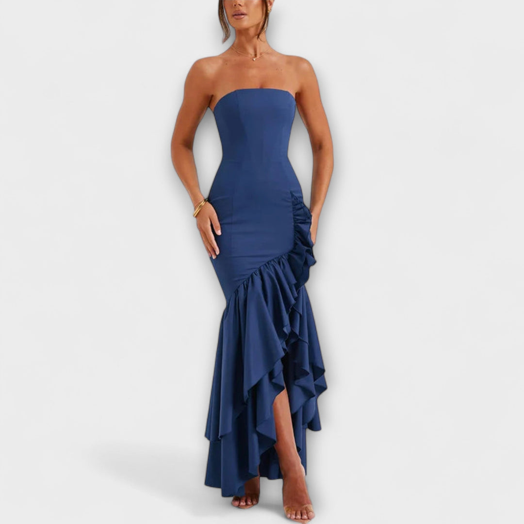 Vivien | schulterfrei figurbetont Maxikleid mit asymmetrischem Saum