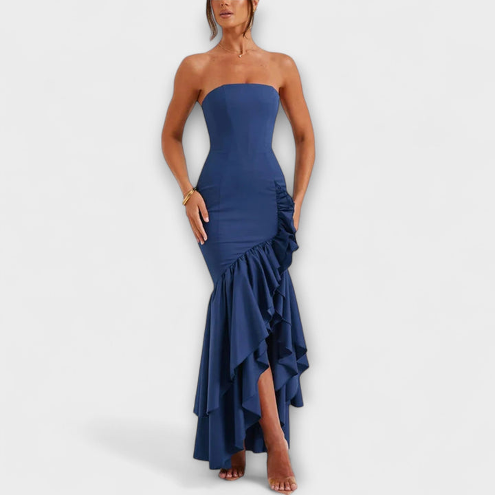 Vivien | schulterfrei figurbetont Maxikleid mit asymmetrischem Saum
