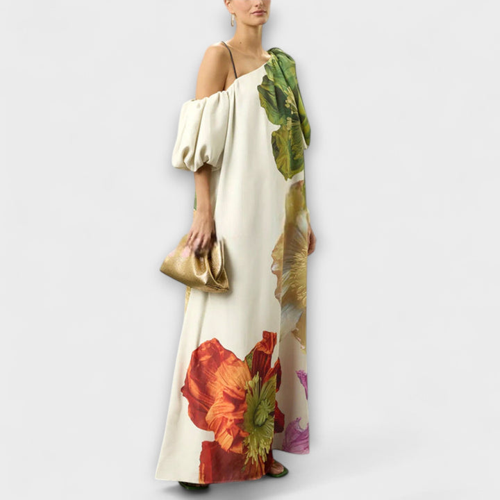Amelie | Maxikleid mit Blumendruck, schrägem Kragen und Puffärmeln