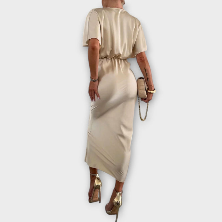 Rosalie | Solides Satin V-Ausschnitt Kreuzknoten figurbetont Maxikleid
