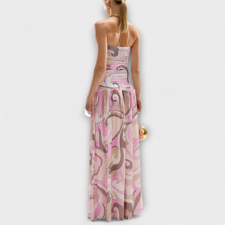 Isabelle | Atemberaubendes pastellfarbenes schulterfreies Maxikleid