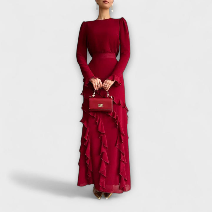 Dorothea | figurbetont Langkleid mit dreidimensionalen Rüschen