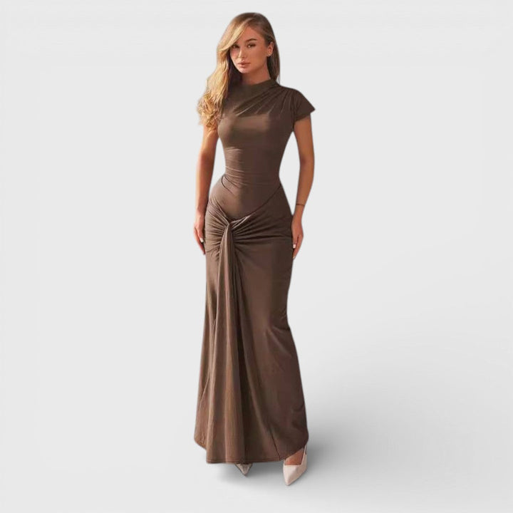 Alexandra | Schickes braunes Abend-Maxikleid mit Drapiertem Ausschnitt