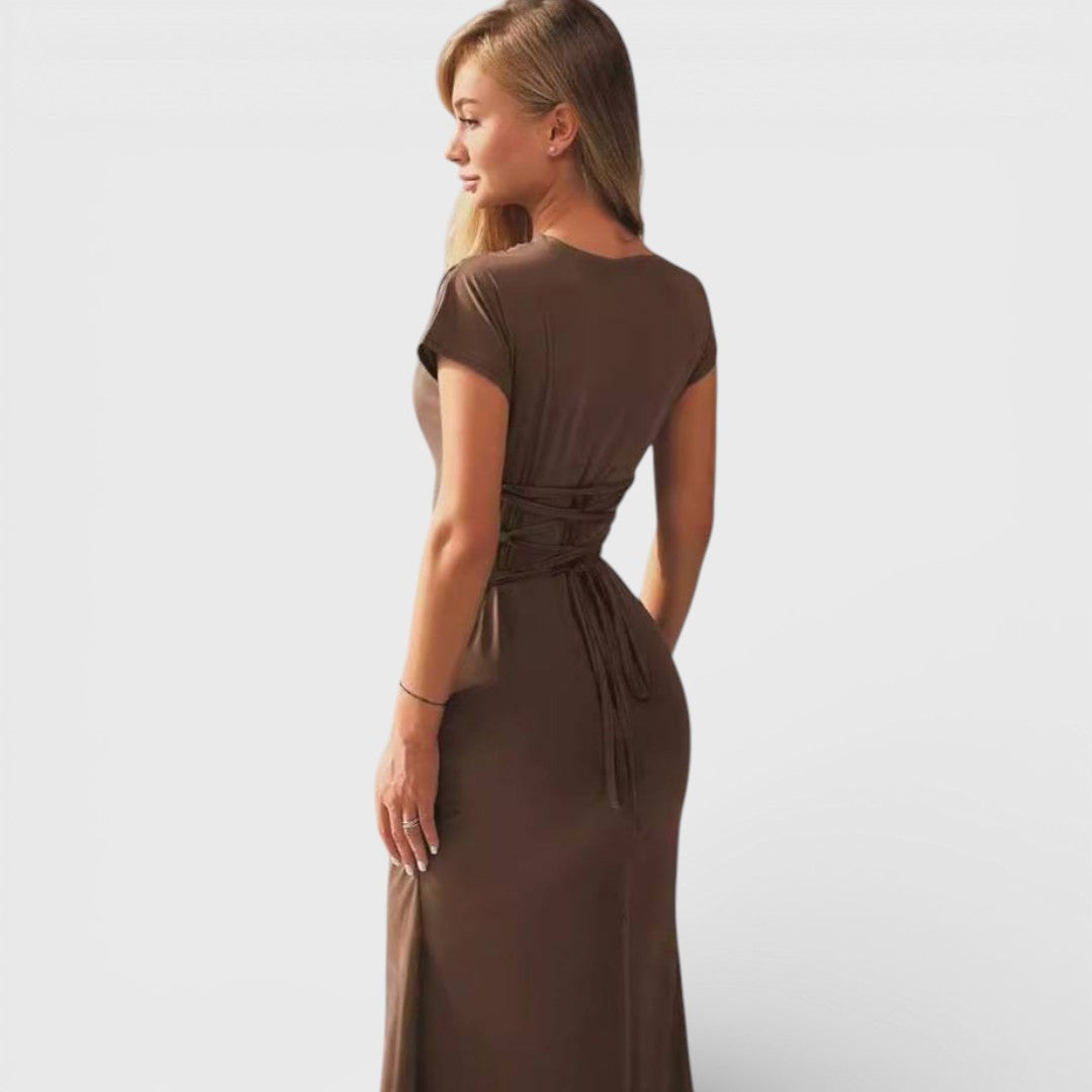Alexandra | Schickes braunes Abend-Maxikleid mit Drapiertem Ausschnitt