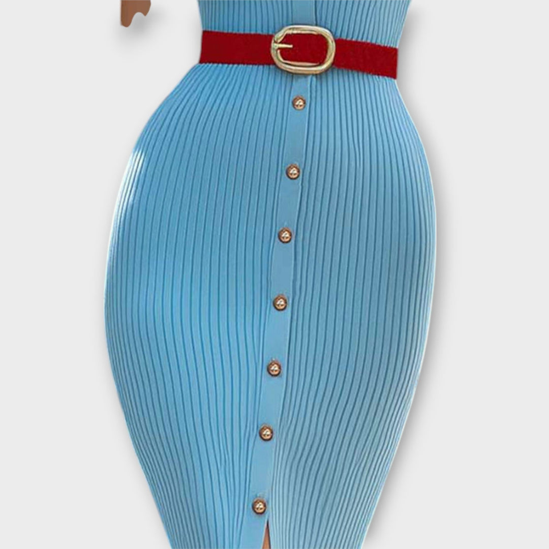 Josefine | Schickes Babyblaues Rippstrick-Bleistiftkleid