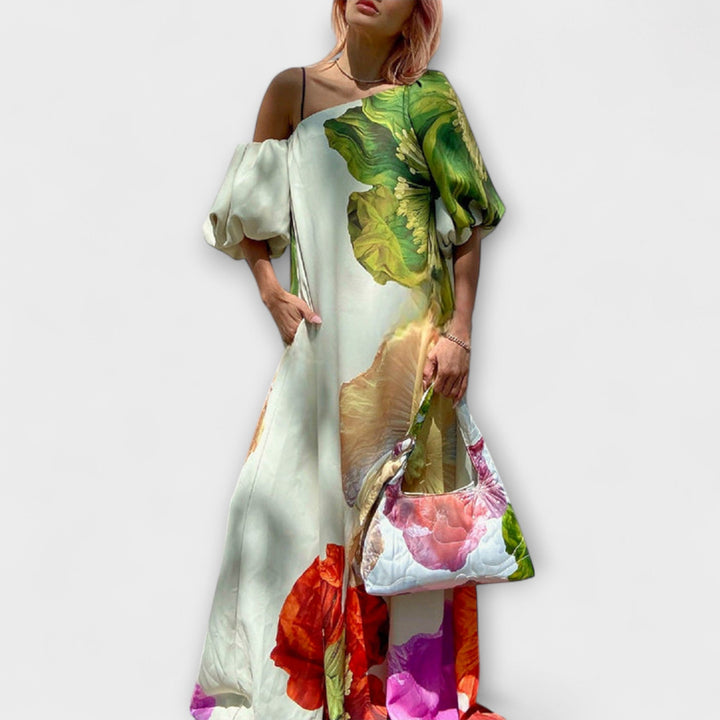 Amelie | Maxikleid mit Blumendruck, schrägem Kragen und Puffärmeln