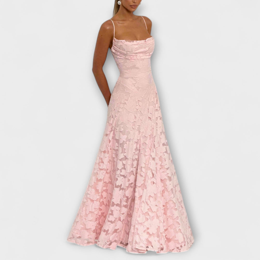 Margit | Schickes floral-Spitzen-Maxikleid mit Spaghettiträgern