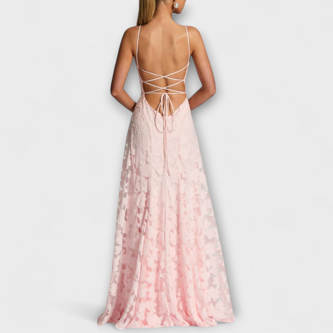 Margit | Schickes floral-Spitzen-Maxikleid mit Spaghettiträgern