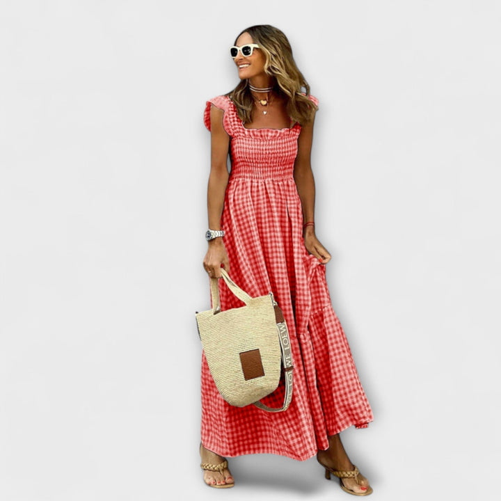 Dörte | Maxikleid mit gerafften Karo-Rüschensäumen