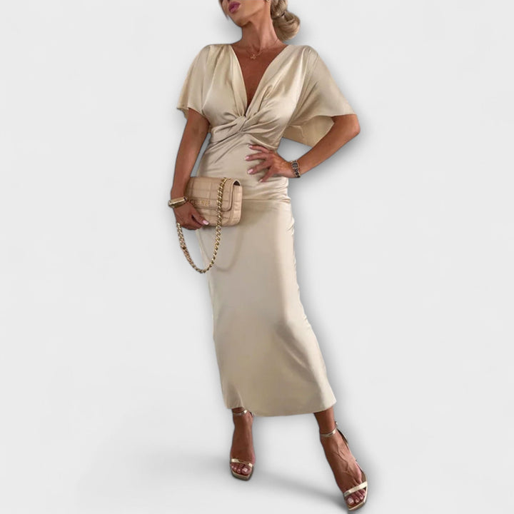 Rosalie | Solides Satin V-Ausschnitt Kreuzknoten figurbetont Maxikleid