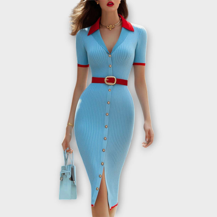 Josefine | Schickes Babyblaues Rippstrick-Bleistiftkleid