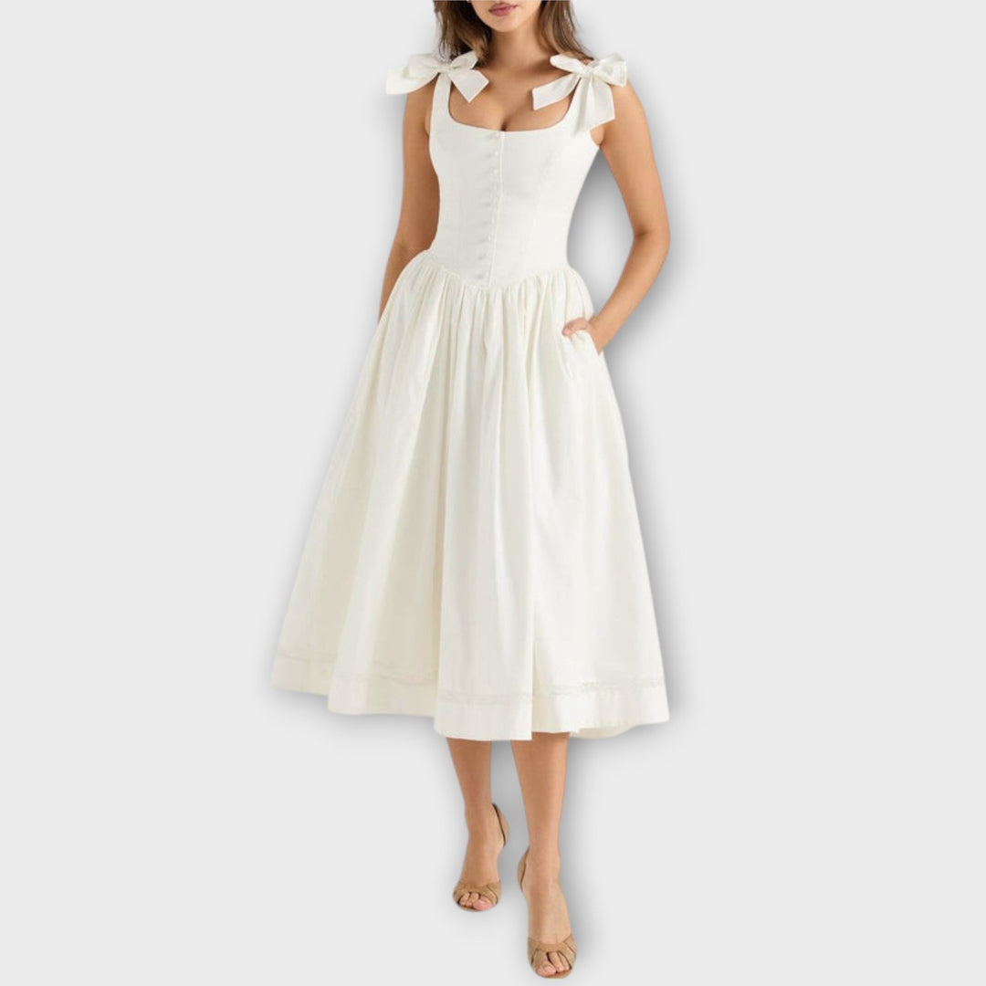 Karin | Weißes Midi-Kleid mit Schleifendetail