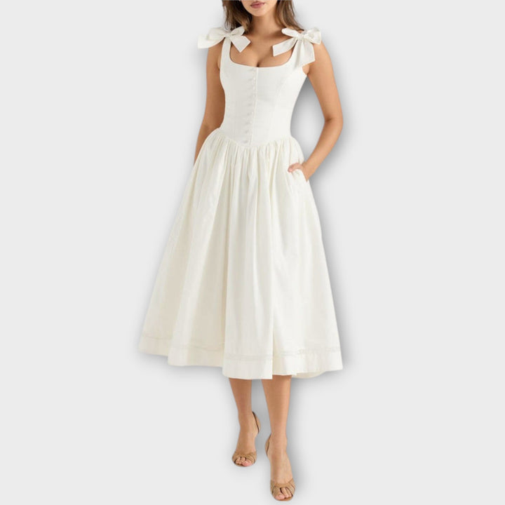 Karin | Weißes Midi-Kleid mit Schleifendetail