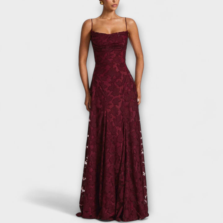 Margit | Schickes floral-Spitzen-Maxikleid mit Spaghettiträgern