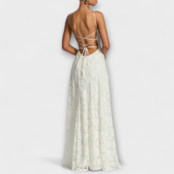 Margit | Schickes floral-Spitzen-Maxikleid mit Spaghettiträgern