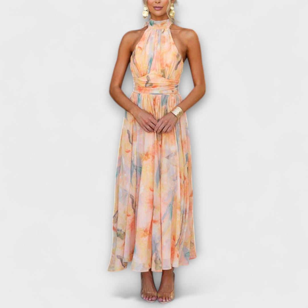 Eleonore | Halter-Neck Aquarell Druck Maxikleid