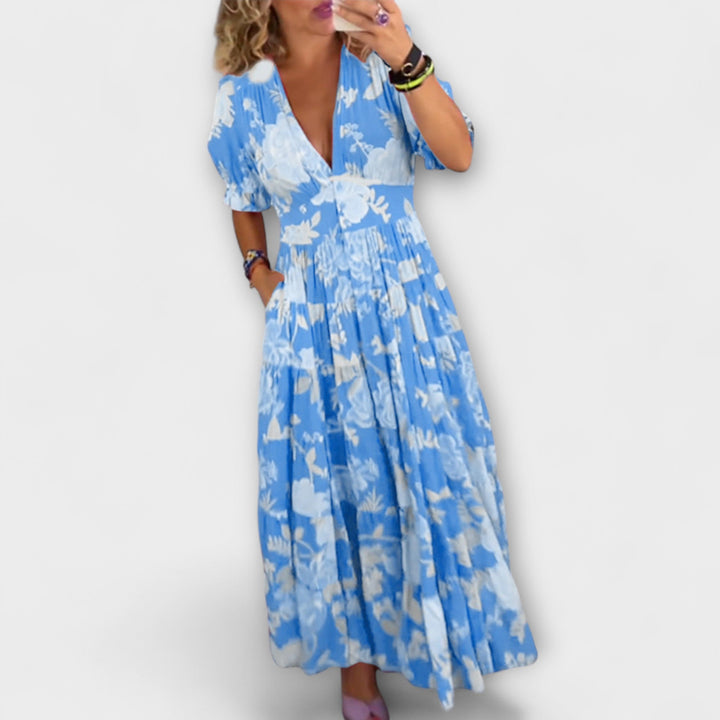 Marianne | Blumenmuster V-Ausschnitt Taschenkleid