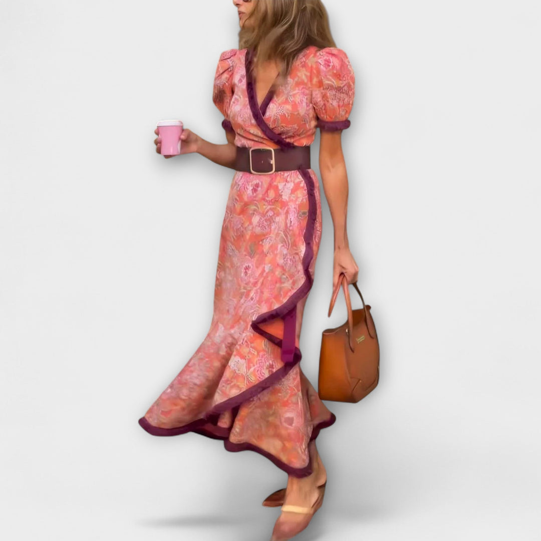 Ursula | Elegantes Rosa Maxi-Kleid mit kurzen Ärmeln