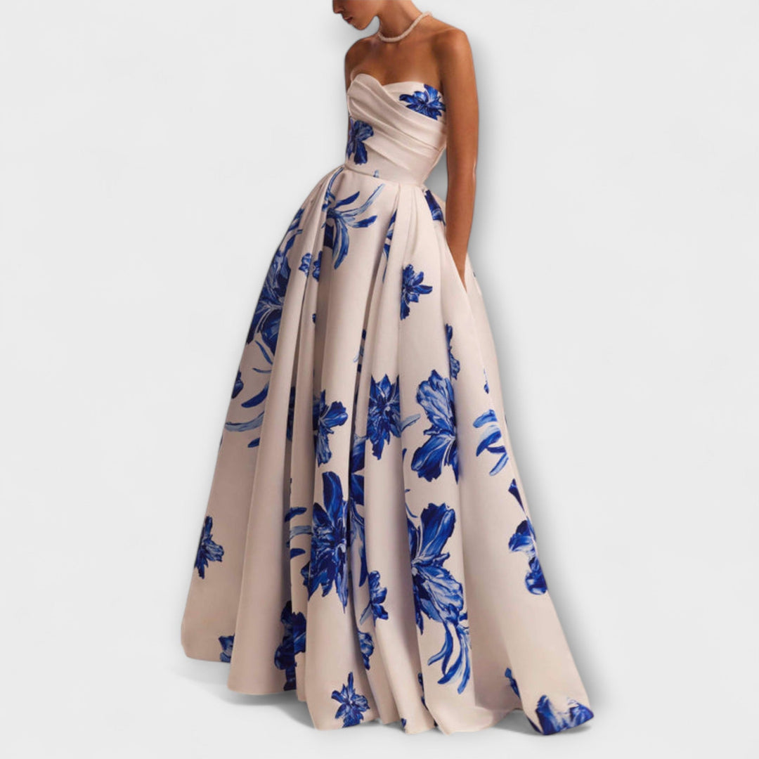 Alina | Schickes schulterfrei Blumen-Maxikleid