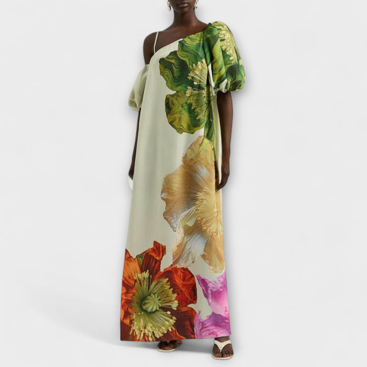 Amelie | Maxikleid mit Blumendruck, schrägem Kragen und Puffärmeln