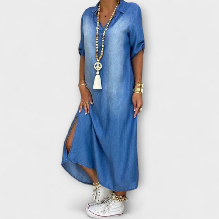 Gunda | Langes Jeans-Look Kleid mit Seitenschlitz