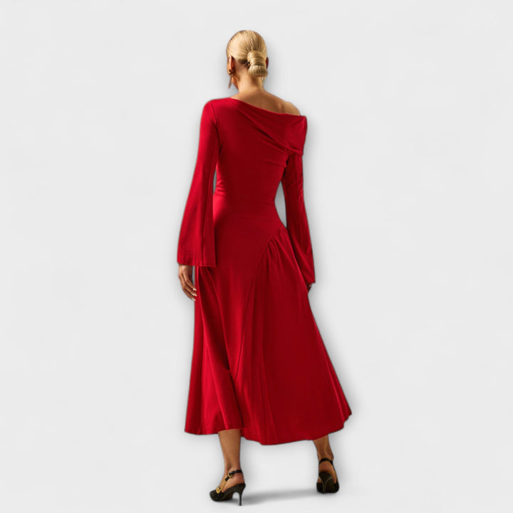 Hannah | schulterfrei Midi-Kleid mit gerafften Ballärmeln