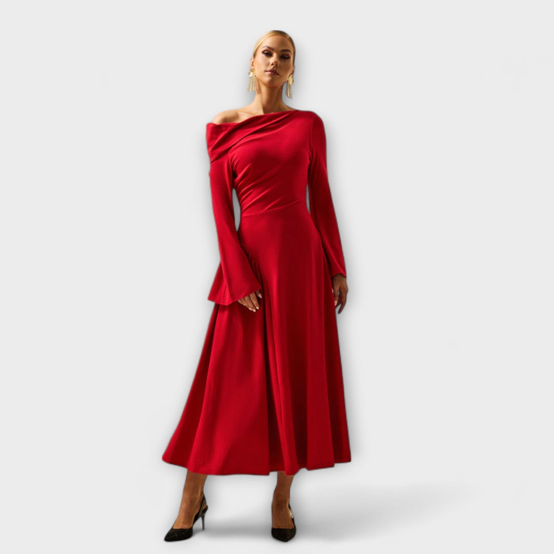 Hannah | schulterfrei Midi-Kleid mit gerafften Ballärmeln