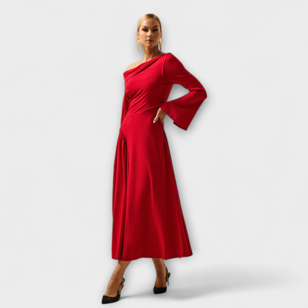 Hannah | schulterfrei Midi-Kleid mit gerafften Ballärmeln
