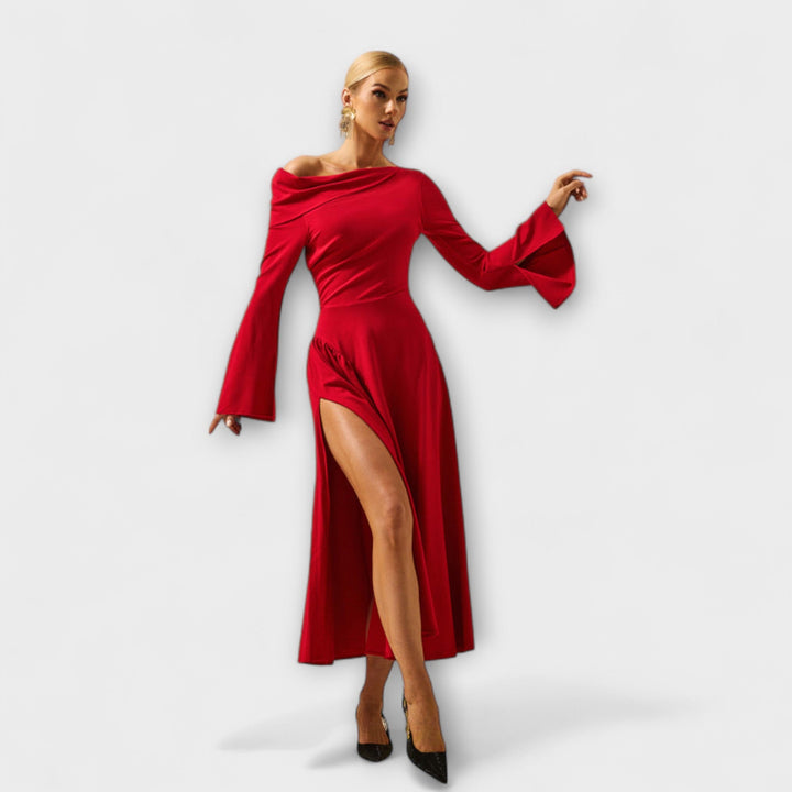 Hannah | schulterfrei Midi-Kleid mit gerafften Ballärmeln