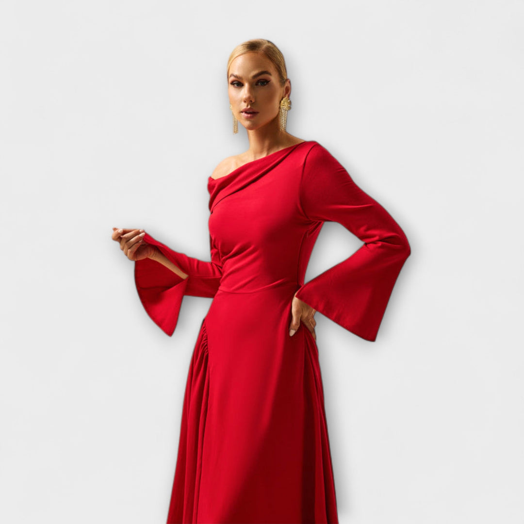Hannah | schulterfrei Midi-Kleid mit gerafften Ballärmeln