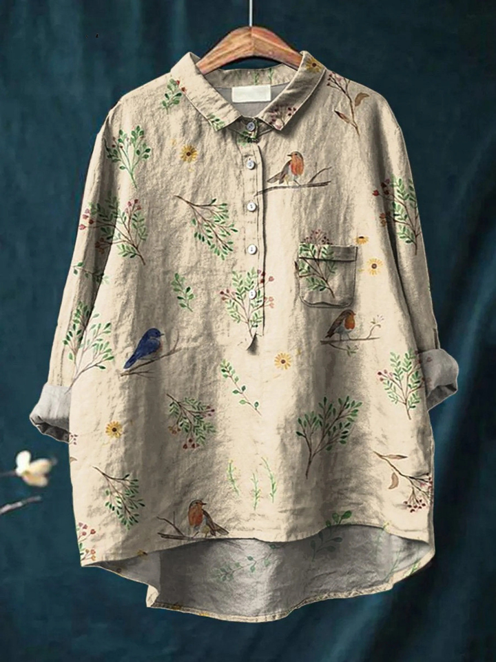 Nora | Lässige Damenbluse mit Zweig- und Rotkehlchenprint