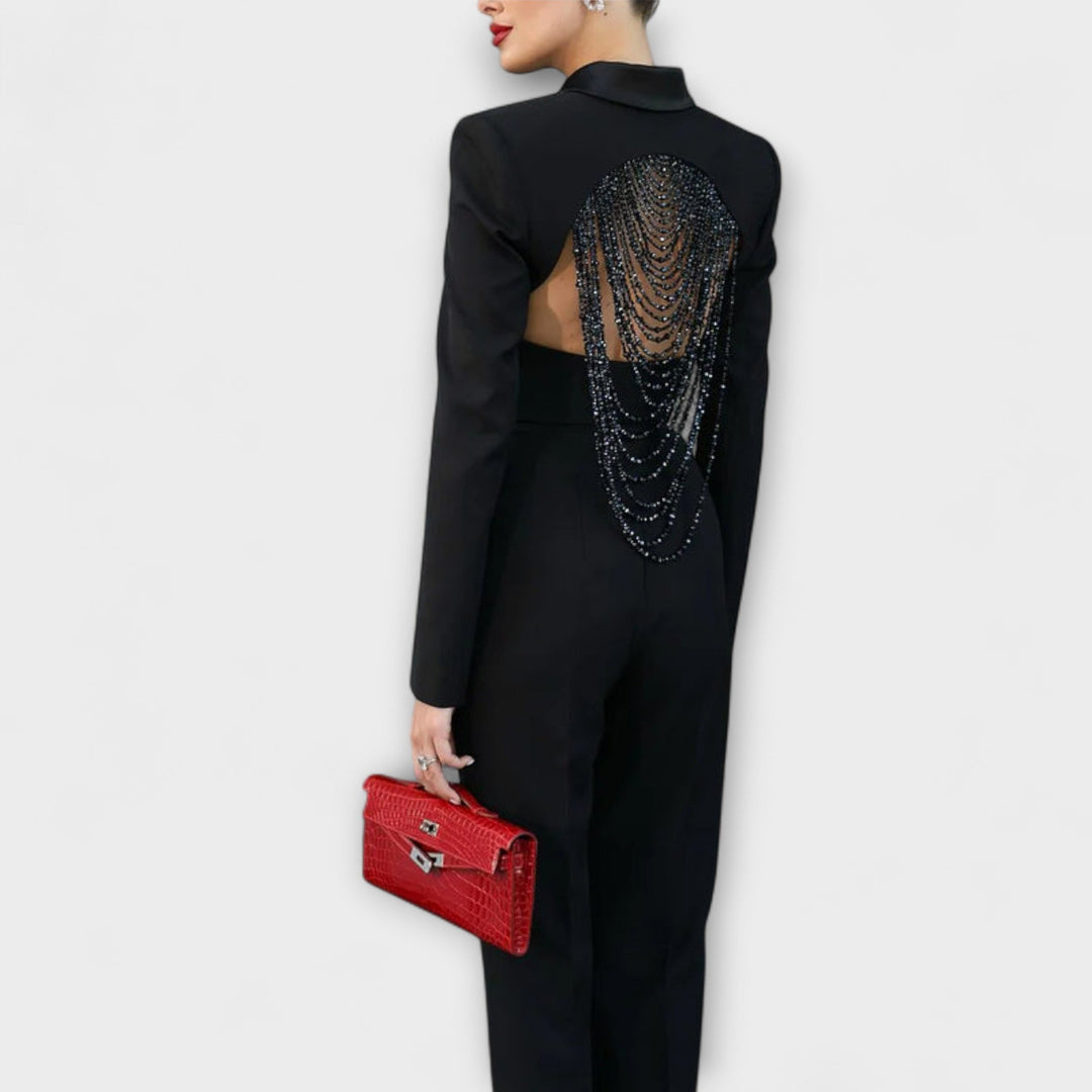 Eva-Maria | Schwarzes Perlenbesetztes Rückenfreies Kurzes Blazer-Set