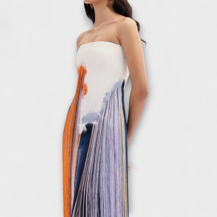 Konstanze | Schickes Farbblock-Kleid mit trendigen Quasten