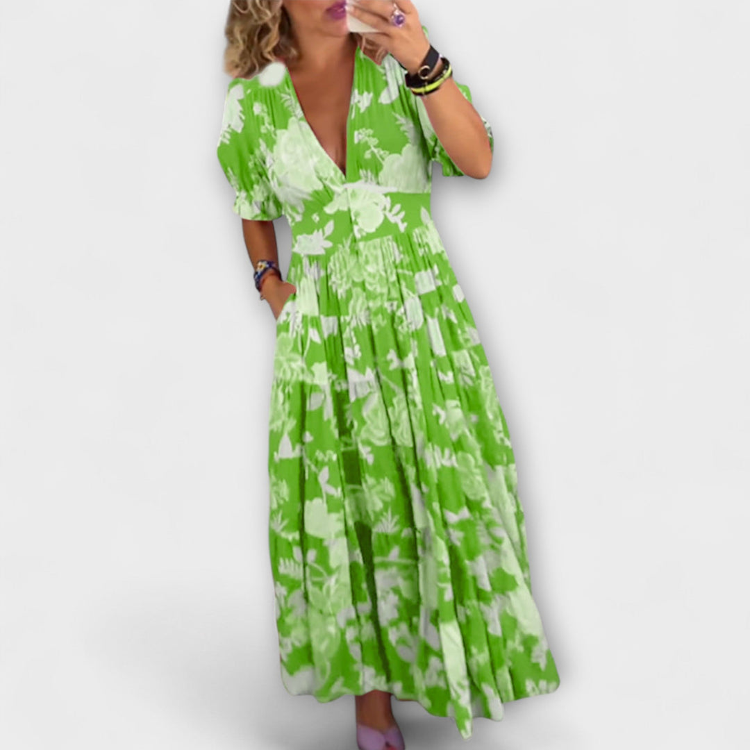 Marianne | Blumenmuster V-Ausschnitt Taschenkleid