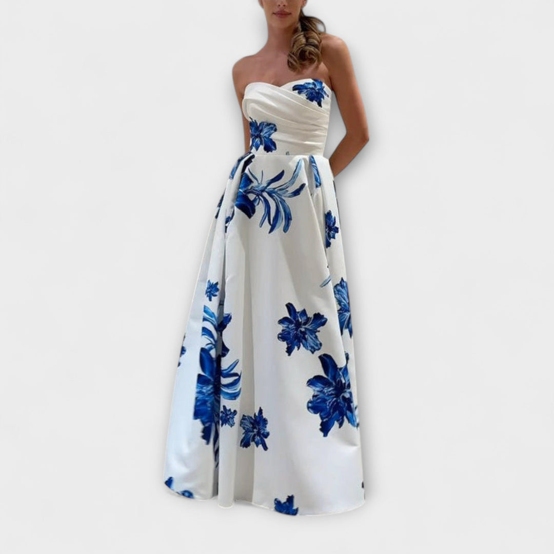 Alina | Schickes schulterfrei Blumen-Maxikleid