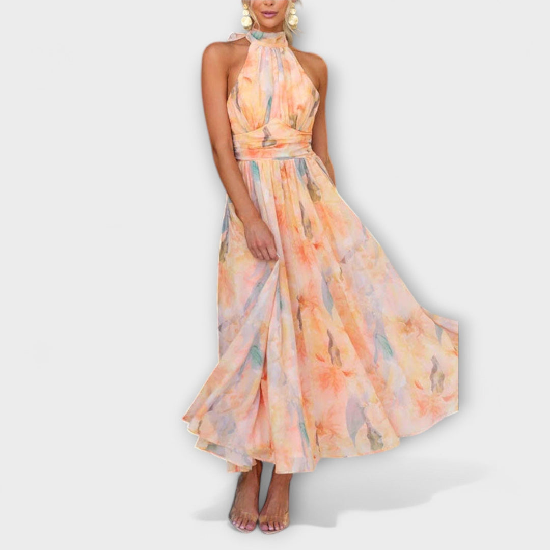 Eleonore | Halter-Neck Aquarell Druck Maxikleid