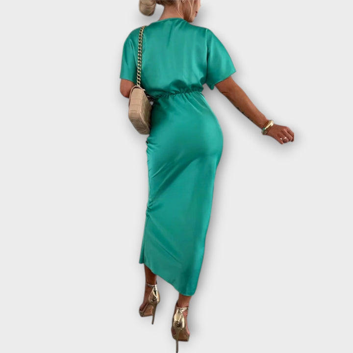 Rosalie | Solides Satin V-Ausschnitt Kreuzknoten figurbetont Maxikleid