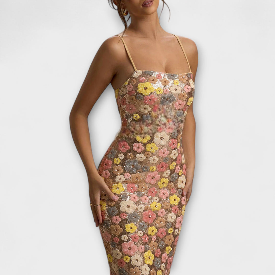 Nadine | Maxi-Kleid mit floralen Pailletten im 80er-Jahre-Stil
