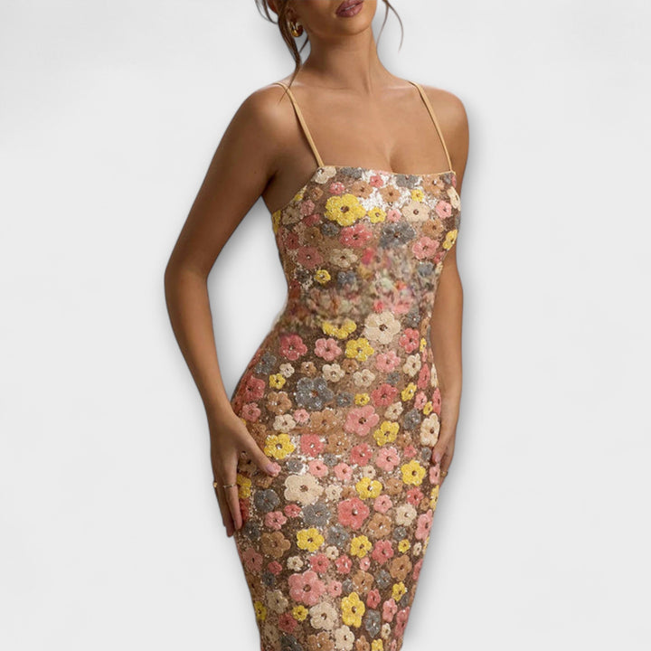 Nadine | Maxi-Kleid mit floralen Pailletten im 80er-Jahre-Stil