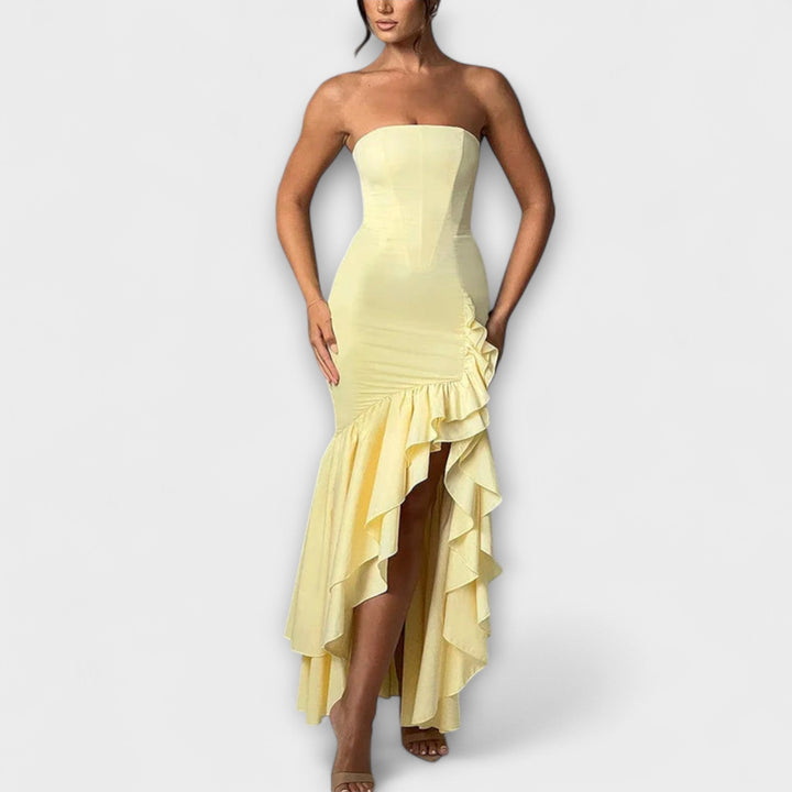 Vivien | schulterfrei figurbetont Maxikleid mit asymmetrischem Saum