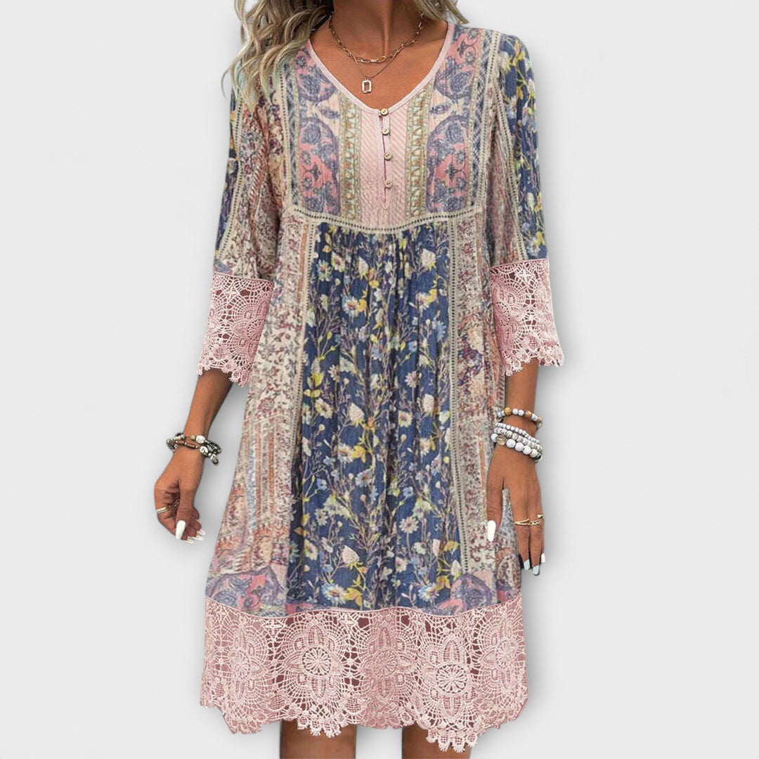 Leni | Boho-Kleid mit Spitze und vintage Blumenmuster