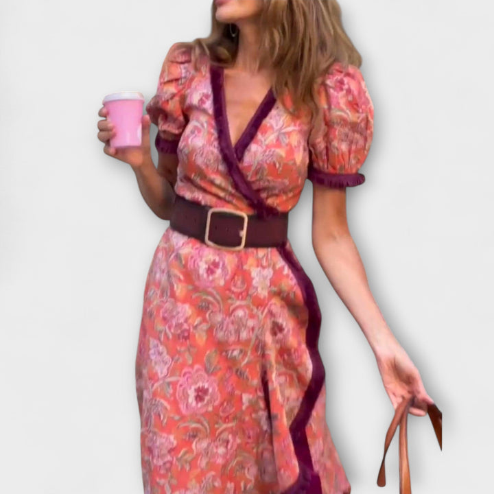 Ursula | Elegantes Rosa Maxi-Kleid mit kurzen Ärmeln
