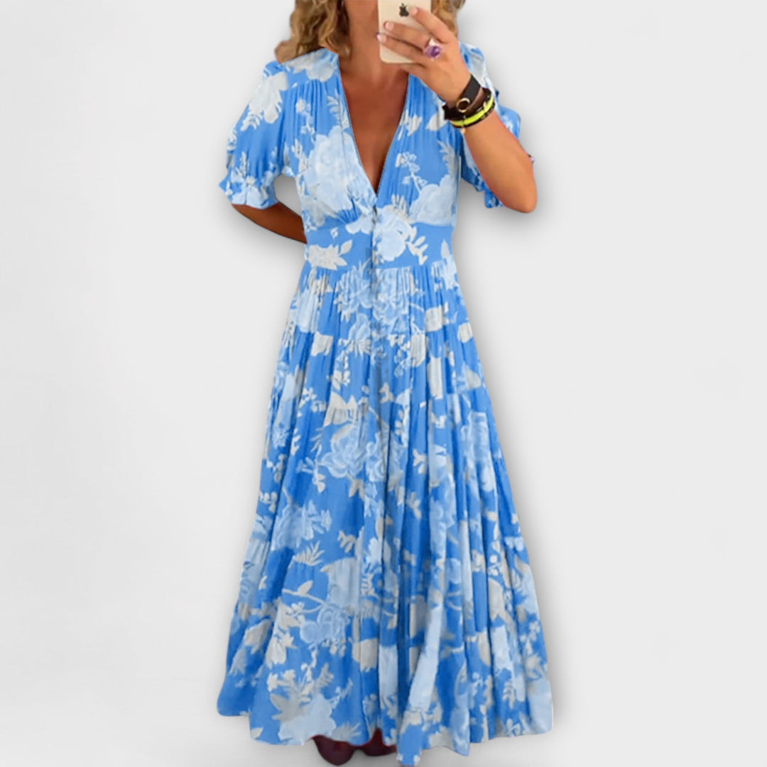 Marianne | Blumenmuster V-Ausschnitt Taschenkleid