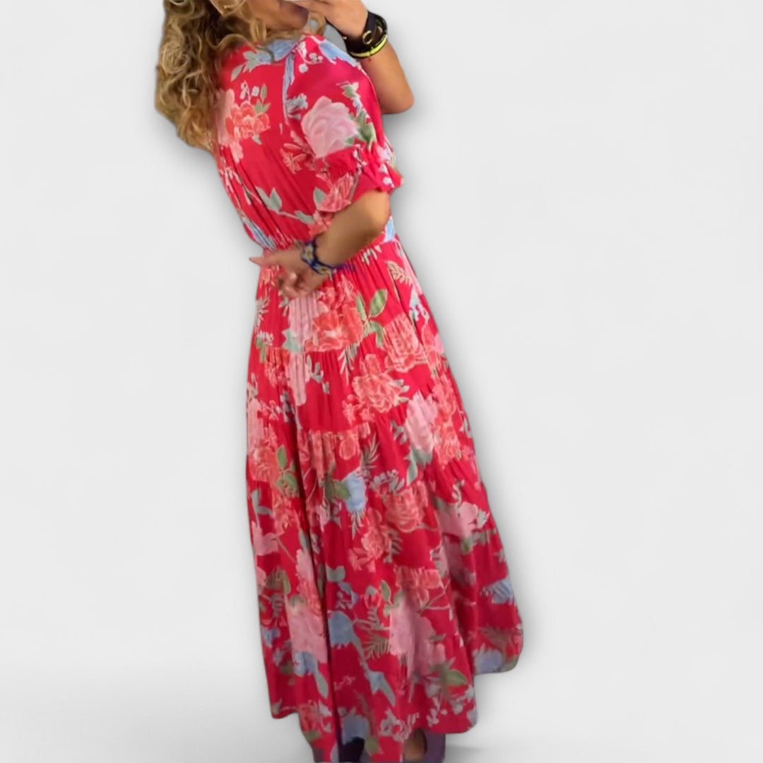 Marianne | Blumenmuster V-Ausschnitt Taschenkleid