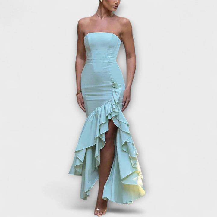 Vivien | schulterfrei figurbetont Maxikleid mit asymmetrischem Saum