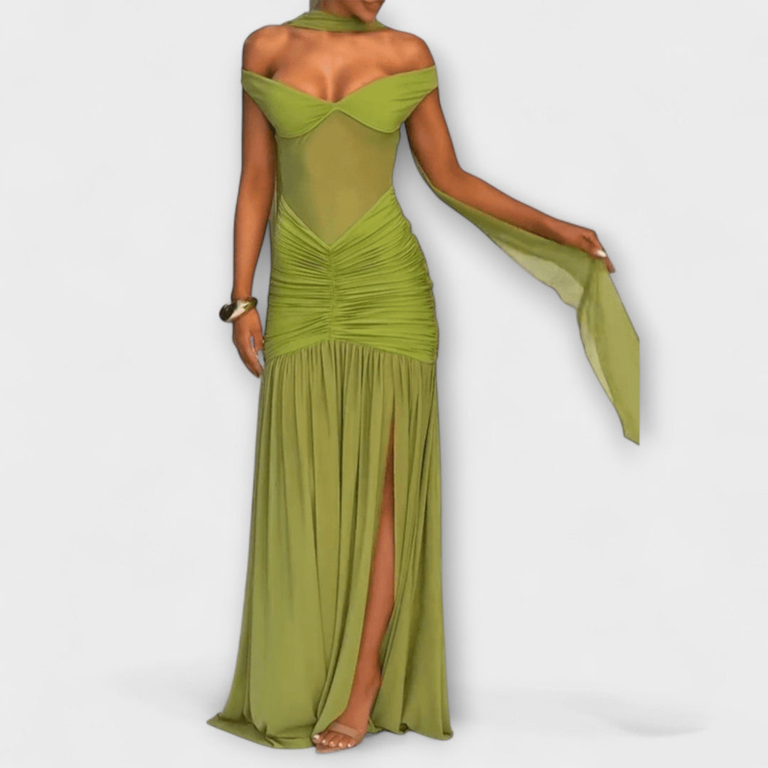 Valerie | Olivfarbenes V-Ausschnitt Maxikleid