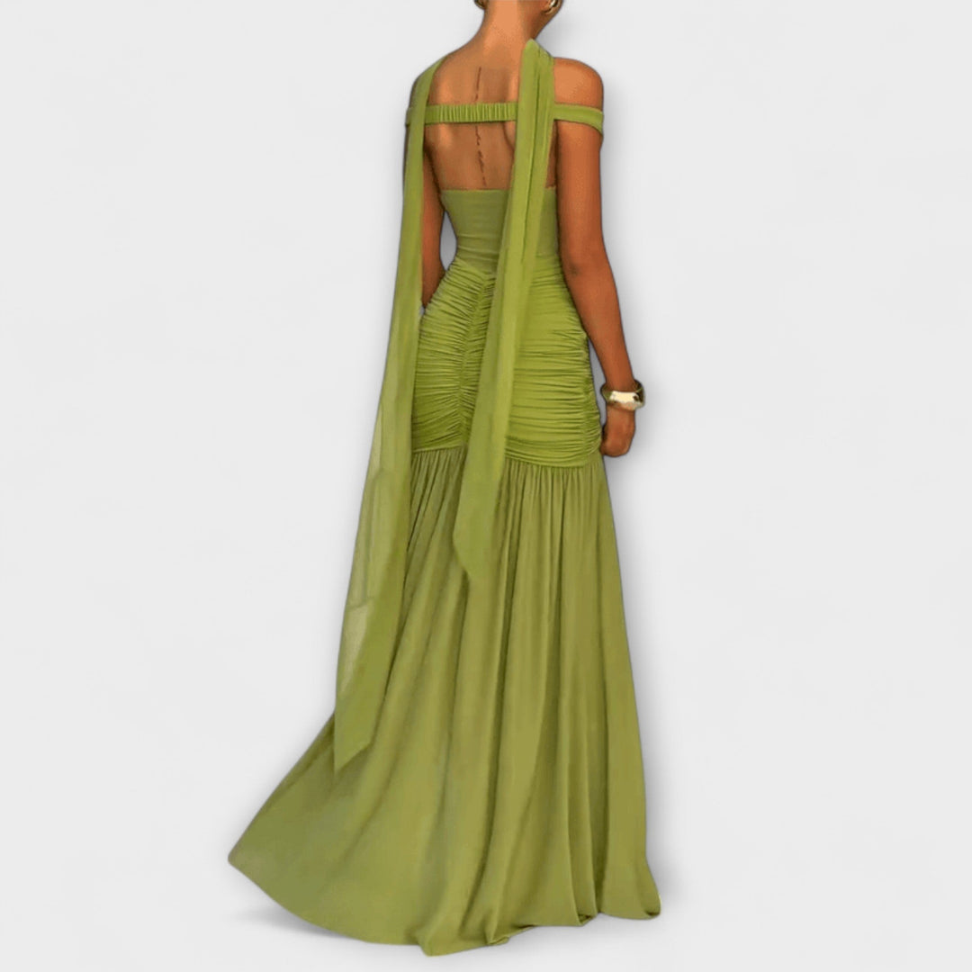 Valerie | Olivfarbenes V-Ausschnitt Maxikleid