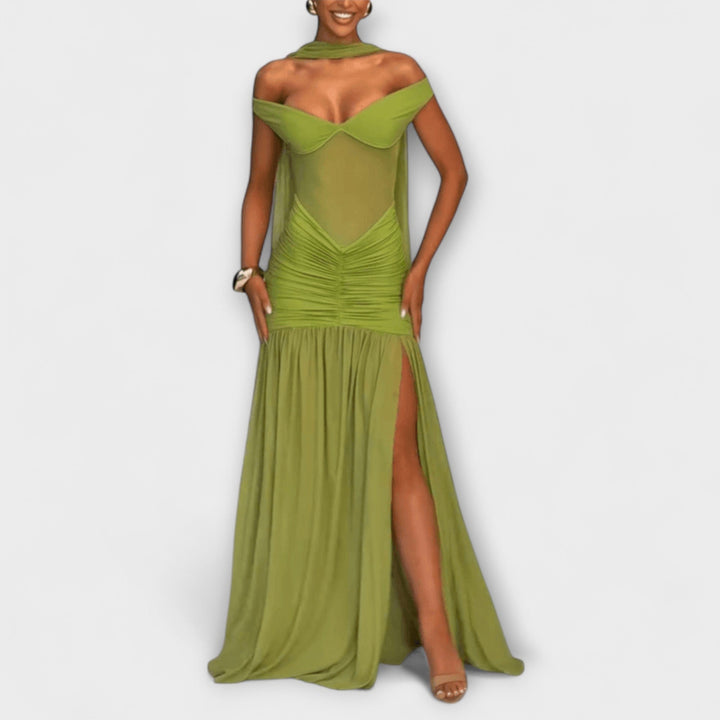 Valerie | Olivfarbenes V-Ausschnitt Maxikleid