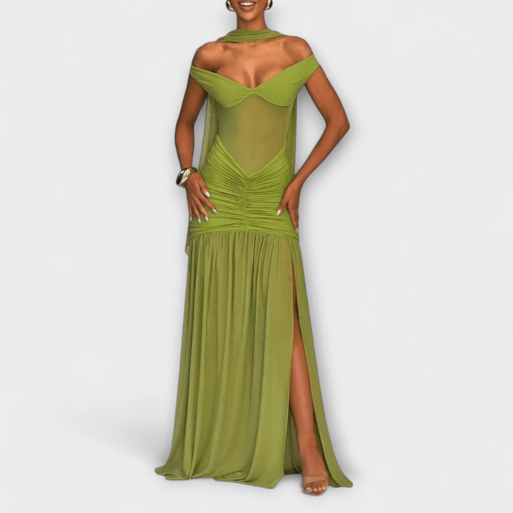 Valerie | Olivfarbenes V-Ausschnitt Maxikleid