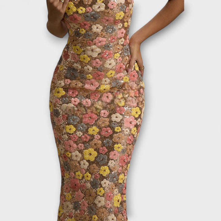 Nadine | Maxi-Kleid mit floralen Pailletten im 80er-Jahre-Stil